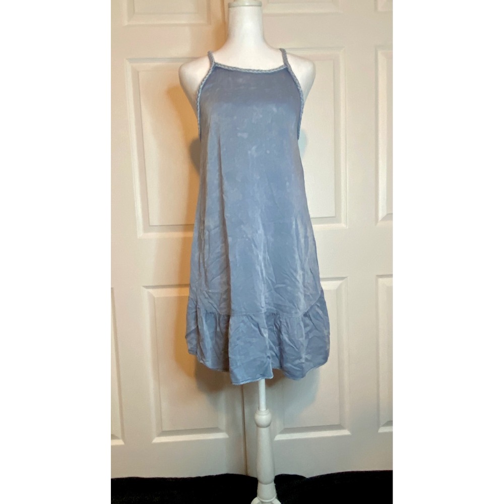 Blue Rain Halter Mini Dress Blue Braided Trim Ruffle Hem Coquette XXS